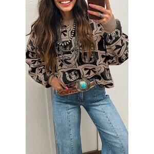 Black Bows & Horseshoes Pattern Western Fashion Print Sweater